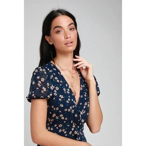Lulus Petals and Poetry Navy Blue Floral Print Ruffled Midi Dress Size Small - Picture 8 of 14